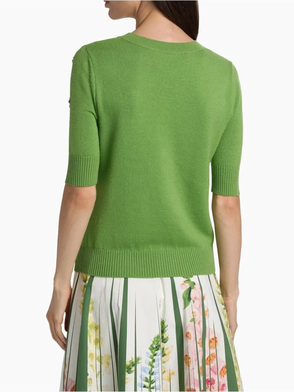 Oscar de la Renta Green Crewneck Sweater with Pink Floral Crystal Embroidery - Picture 7 of 16